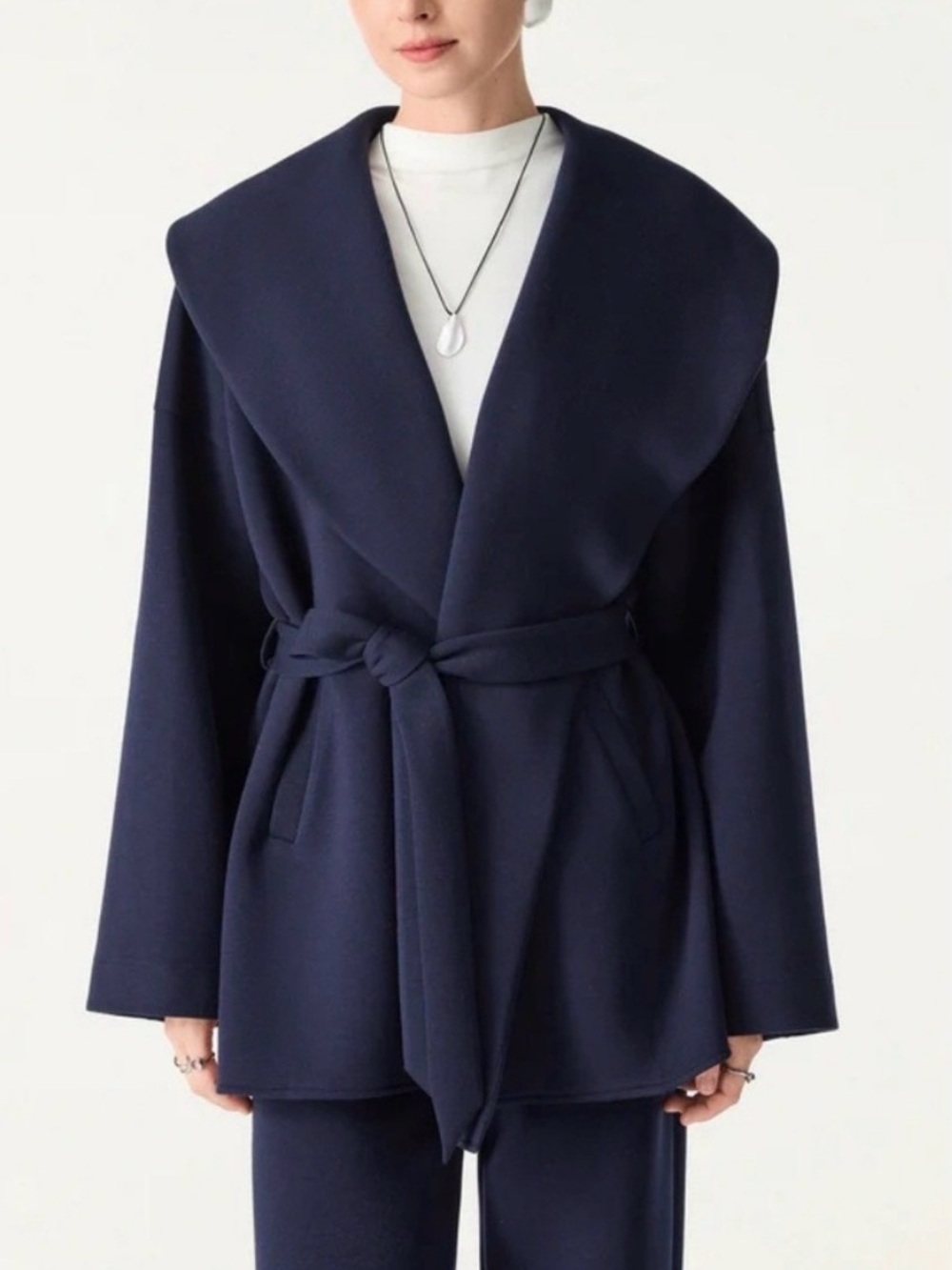 OGL Navy Shawl-Collar Belted Wrap Jacket